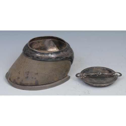 1738 - A 19th century silver coloured metal mounted horses hoof table snuff and cover, faults, 17cm wide