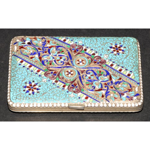 686 - A Russian silver-gilt and cloisonne enamel rounded rectangular cigarette case, hinged cover, 9.5cm l... 