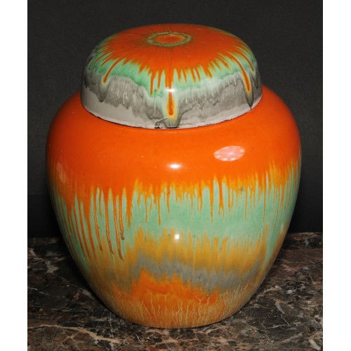 144 - A Shelley Harmony ginger jar and cover, drip glazed in tones of orange, green and brown, printed mar... 