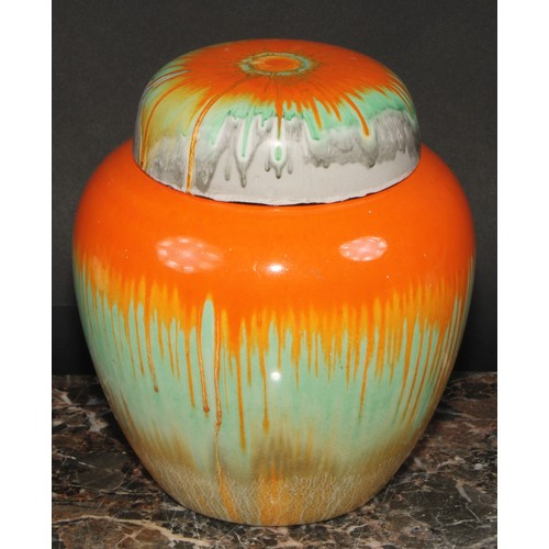 144 - A Shelley Harmony ginger jar and cover, drip glazed in tones of orange, green and brown, printed mar... 