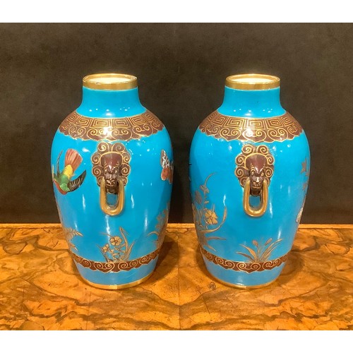 142 - A pair of Mintons Aesthetic Movement two-handled Chinoiserie vases, in the manner of Christopher Dre... 