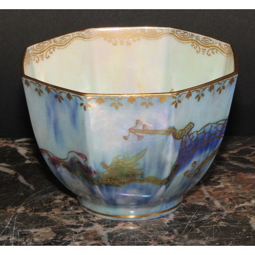 85 - A Wedgwood Fairyland lustre octagonal bowl, gilt decoration, with phoenix to interior, and a dragon ... 