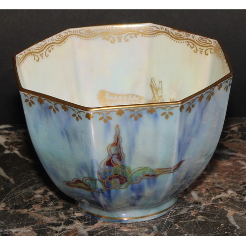 85 - A Wedgwood Fairyland lustre octagonal bowl, gilt decoration, with phoenix to interior, and a dragon ... 