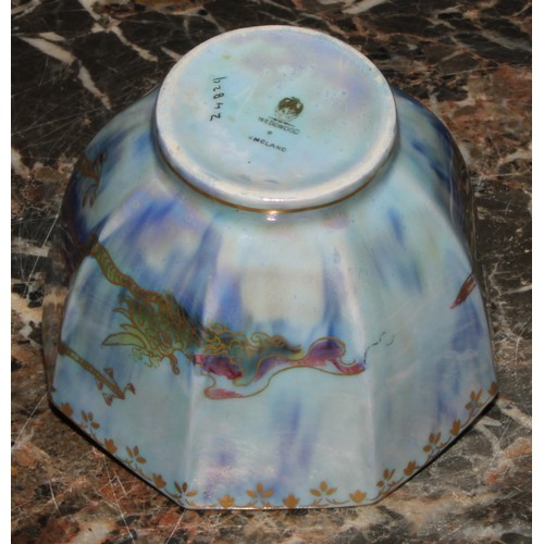 85 - A Wedgwood Fairyland lustre octagonal bowl, gilt decoration, with phoenix to interior, and a dragon ... 