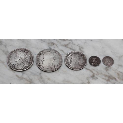 2599 - Coins - A 1687 James II crown; a 1662 Charles II crown; a 1663 Charles II half crown; a 1672 Charles... 