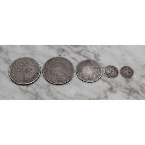 2599 - Coins - A 1687 James II crown; a 1662 Charles II crown; a 1663 Charles II half crown; a 1672 Charles... 