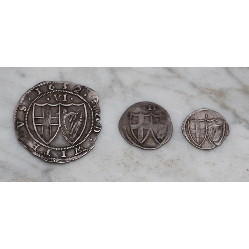 2602 - Coins - A Commonwealth (1649-1660) silver sixpence, 1652; a Commonwealth silver half groat; a Common... 