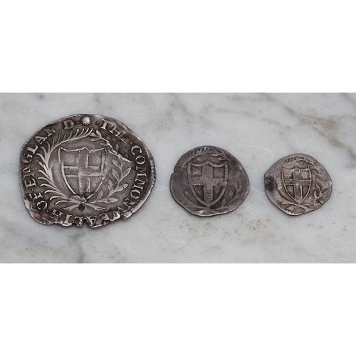 2602 - Coins - A Commonwealth (1649-1660) silver sixpence, 1652; a Commonwealth silver half groat; a Common... 