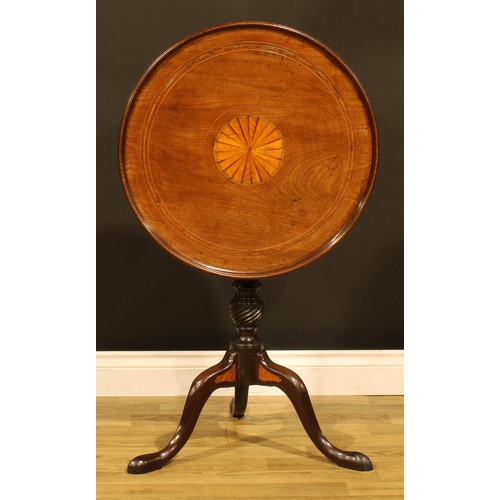 1529 - A 19th century Sheraton Revival mahogany tripod occasional table, circular tilting top inlaid with a... 