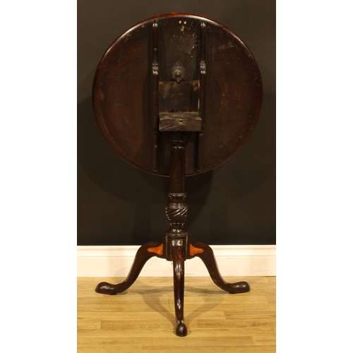 1529 - A 19th century Sheraton Revival mahogany tripod occasional table, circular tilting top inlaid with a... 