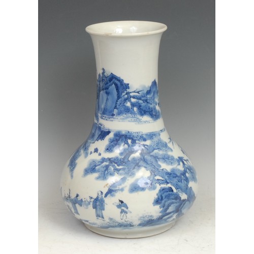 418 - A Chinese porcelain bulbous vase, painted in underglaze blue, with figures in a rocky landscape, elo... 