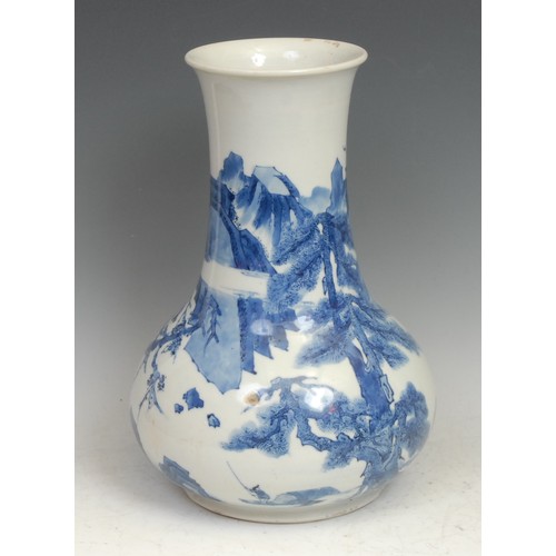 418 - A Chinese porcelain bulbous vase, painted in underglaze blue, with figures in a rocky landscape, elo... 