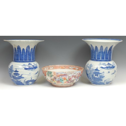 354 - A pair of Chinese blue and white vases, 31cm; a Chinese Famille Rose bowl (3)