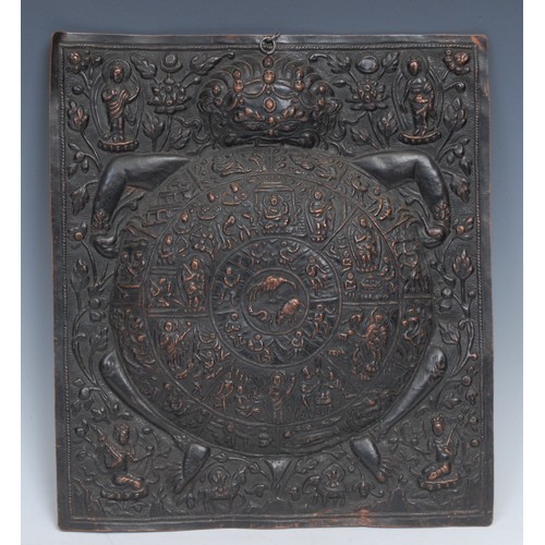 378 - A Tibetan Buddhist copper rectangular mandala, chased with the Bhavachakra held by the demon Mara, 2... 