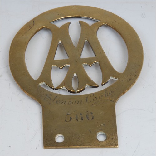 1862 - Motoring History - an early 20th century brass AA [Automobile Association] vintage car badge, inscri... 