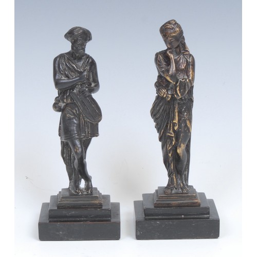 2094 - French School (19th century), a pair of dark patinated cabinet bronzes, a musician and a muse, recta... 