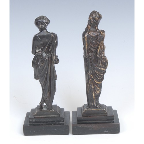 2094 - French School (19th century), a pair of dark patinated cabinet bronzes, a musician and a muse, recta... 