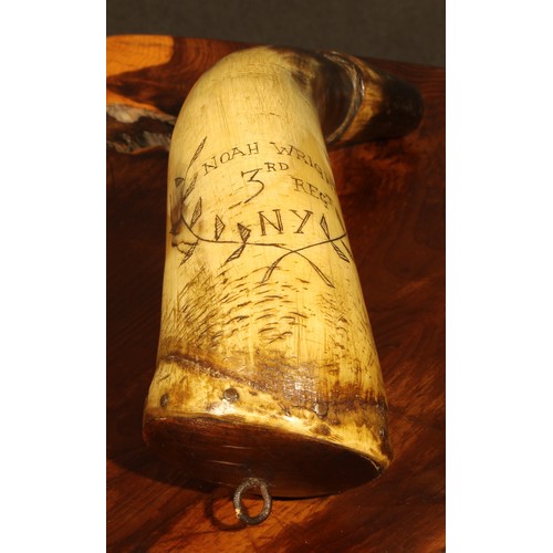 1259 - A 19th century American scrimshaw powder horn, inscribed Noah Wright, 3rd Regt. NY (New York), 20cm ... 