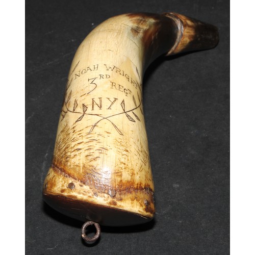 1259 - A 19th century American scrimshaw powder horn, inscribed Noah Wright, 3rd Regt. NY (New York), 20cm ... 