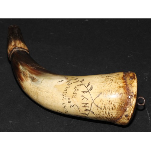 1259 - A 19th century American scrimshaw powder horn, inscribed Noah Wright, 3rd Regt. NY (New York), 20cm ... 