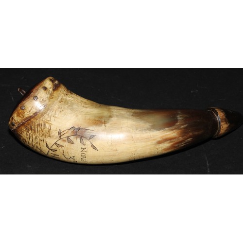 1259 - A 19th century American scrimshaw powder horn, inscribed Noah Wright, 3rd Regt. NY (New York), 20cm ... 