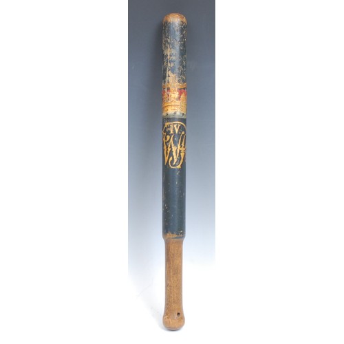 2204 - A William IV turned and painted ash truncheon or tipstave, painted in polychrome and gilt with crown... 