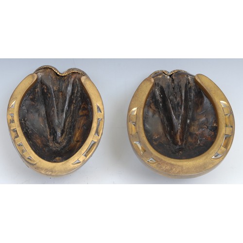 2100 - Horse Racing - a pair of Victorian country house taxidermy horse hoof inkwells, each hinged cover in... 