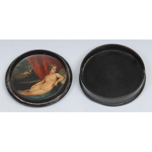 1869 - Nelson and the Battle of Trafalgar - a 19th century papier mache circular snuff box, the domed cover... 