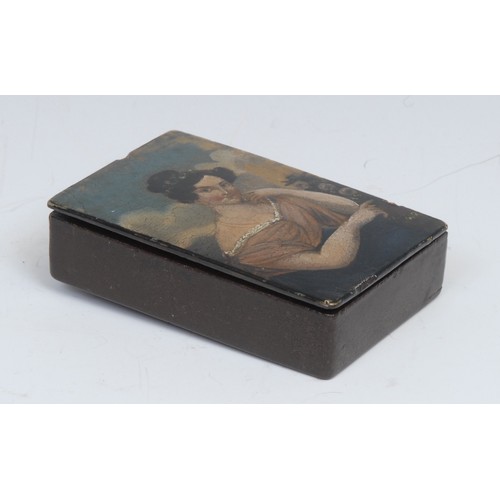 1733 - A 19th century papier mache rectangular snuff box, hinged cover painted with a portrait of a young l... 