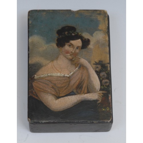 1733 - A 19th century papier mache rectangular snuff box, hinged cover painted with a portrait of a young l... 