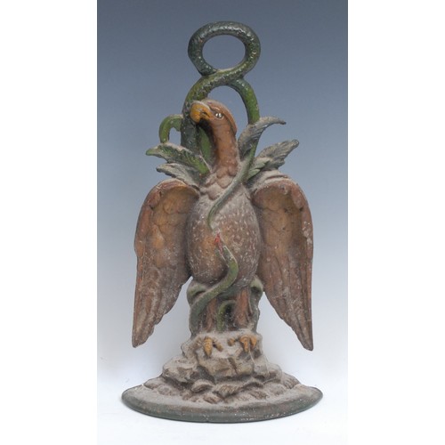 1490 - A Victorian polychrome painted cast iron door stop or porter, as an eagle and serpent, demi-lune bas... 