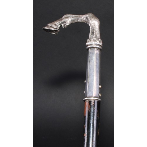 2216 - An early 20th century novelty walking stick, the silvered handle as a deer hoof and fetlock, ebonise... 