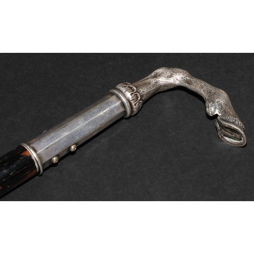 2216 - An early 20th century novelty walking stick, the silvered handle as a deer hoof and fetlock, ebonise... 