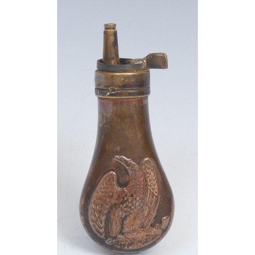 2525 - A copper and brass pistol powder flask, in the manner of Remington, embossed with an American eagle ... 