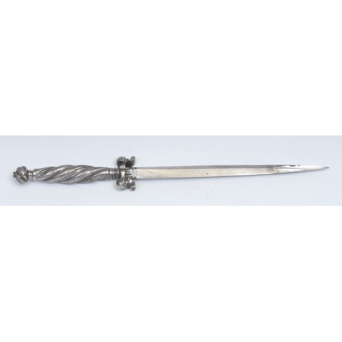 2531 - An Italian steel dagger, tapered quatrefoil blade with reinforced tip, wrythen hilt and pommel, 35cm... 