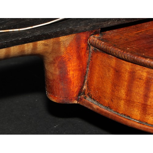 2561 - A violin, the two-piece back 35.5cm long excluding button, paper label printed Joseph Guarnerius, ro... 