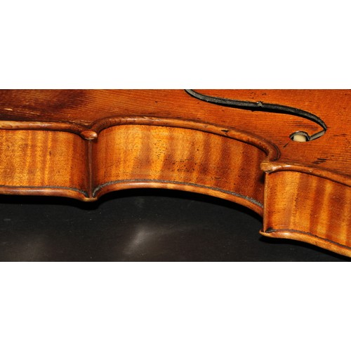 2561 - A violin, the two-piece back 35.5cm long excluding button, paper label printed Joseph Guarnerius, ro... 