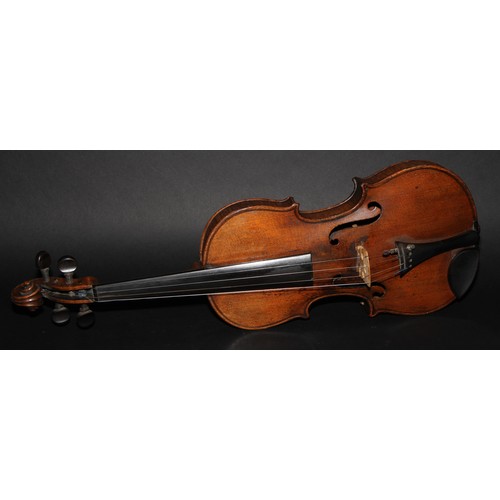 2558 - A violin, the one piece back 35.5cm long excluding button, ebonised tuning pegs, outlined throughout... 