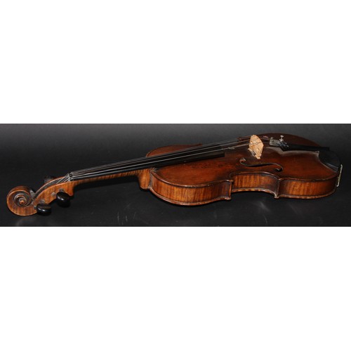 2558 - A violin, the one piece back 35.5cm long excluding button, ebonised tuning pegs, outlined throughout... 