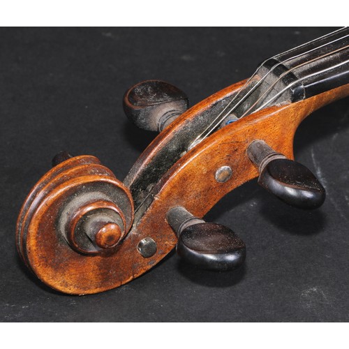 2558 - A violin, the one piece back 35.5cm long excluding button, ebonised tuning pegs, outlined throughout... 