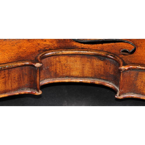 2558 - A violin, the one piece back 35.5cm long excluding button, ebonised tuning pegs, outlined throughout... 