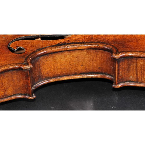 2558 - A violin, the one piece back 35.5cm long excluding button, ebonised tuning pegs, outlined throughout... 