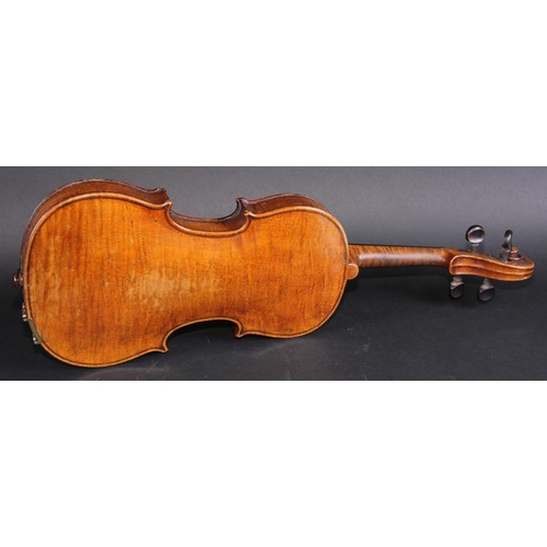 2558 - A violin, the one piece back 35.5cm long excluding button, ebonised tuning pegs, outlined throughout... 