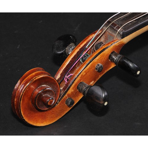 2568 - A violin, the two-piece back 36cm long excluding button, paper Stradivarius label, ebonised tuning p... 