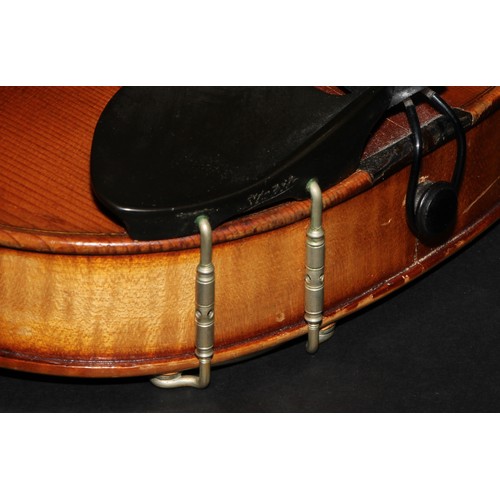 2568 - A violin, the two-piece back 36cm long excluding button, paper Stradivarius label, ebonised tuning p... 