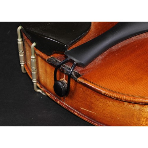 2568 - A violin, the two-piece back 36cm long excluding button, paper Stradivarius label, ebonised tuning p... 