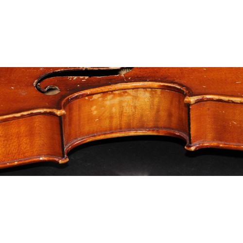 2568 - A violin, the two-piece back 36cm long excluding button, paper Stradivarius label, ebonised tuning p... 