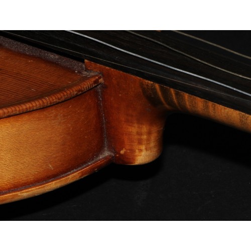 2568 - A violin, the two-piece back 36cm long excluding button, paper Stradivarius label, ebonised tuning p... 