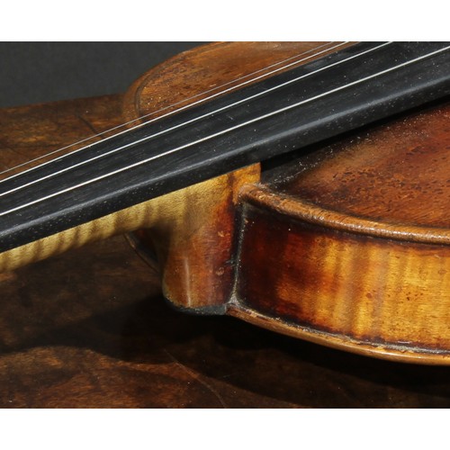 2559 - A violin, the one-piece back 35.5cm long excluding button, ebony tuning pegs, 60cm long overall, the... 