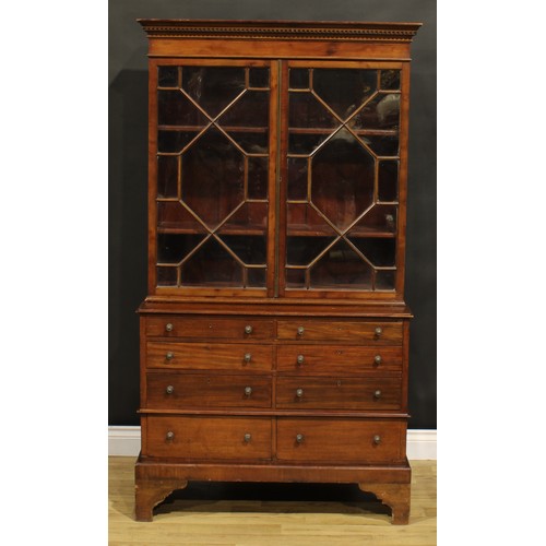 1244 - A 19th century mahogany connoisseur’s collector’s cabinet, dentil cornice above a pair of glazed doo... 